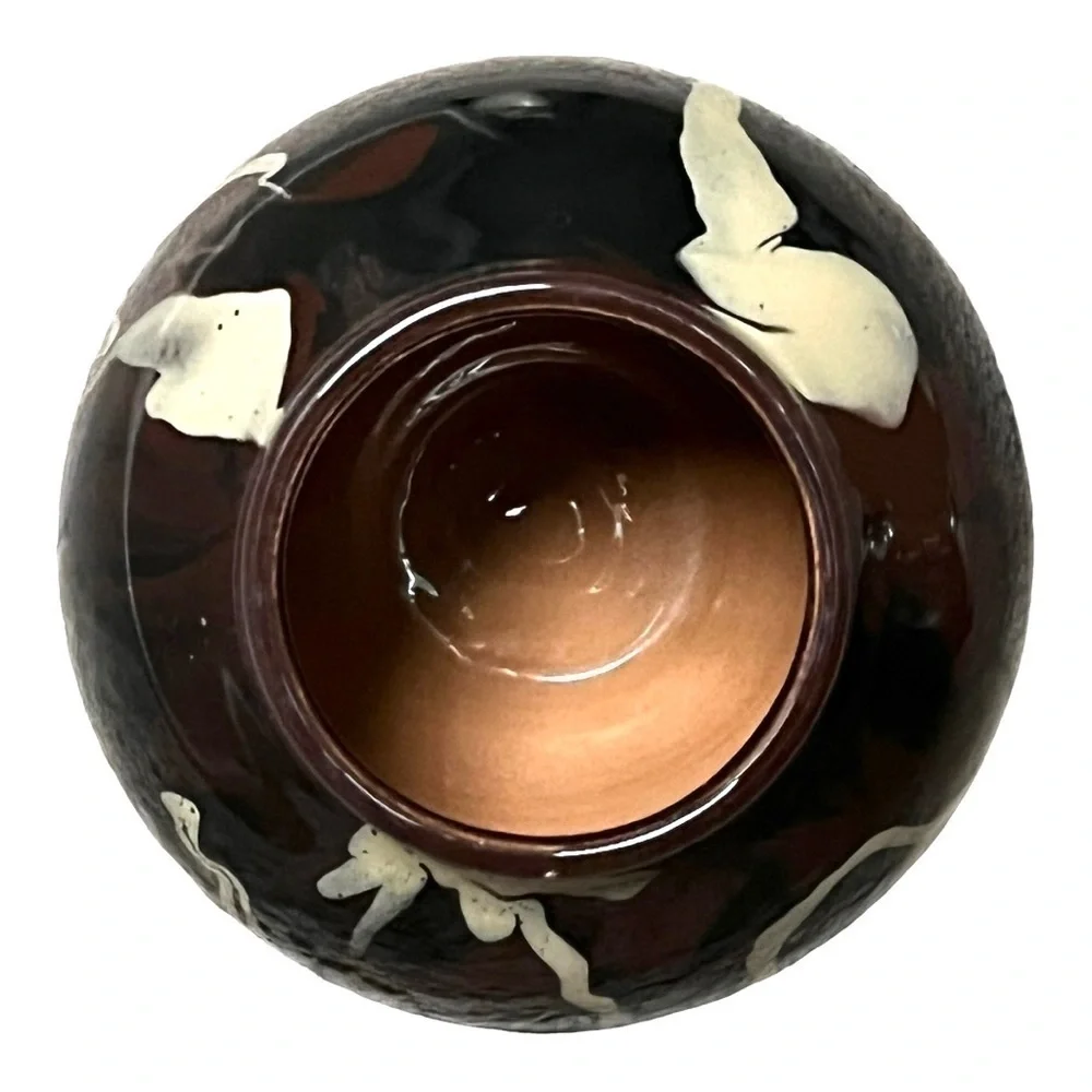 Vietri round terracotta glazed vase brown black tan collection modern Italy 6”.